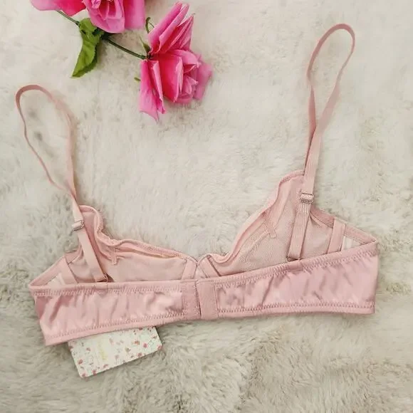 Free People Heart Throb Mesh Underwire Bra Silver Pink Balconette Satin Trim XS - Picture 6 of 9